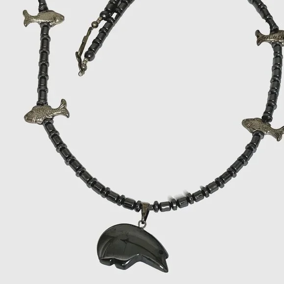 Southwest Hematite Native Fetish Bear w Fishes Set Necklace, Drop Earrings 21" L - Picture 7 of 7